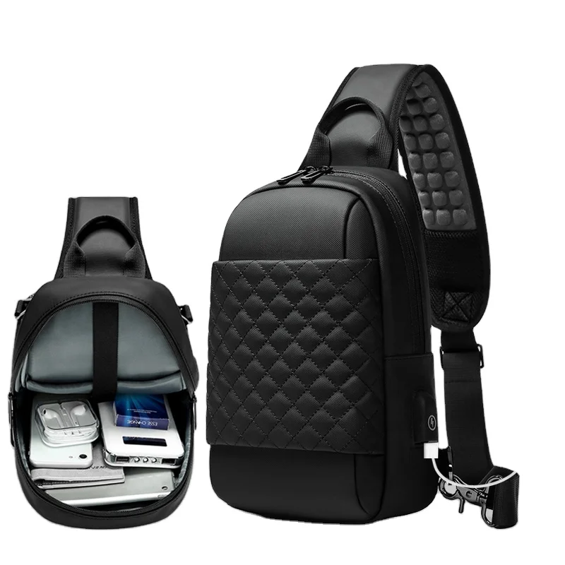 Waterproof Lightweight Men's Sling Bag Shoulder Strap 9.7-inch Tablet Compatibility USB Charging Port Black Fashionable Design