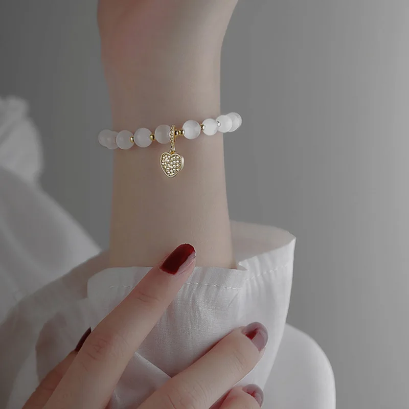 

New Love Heart Diamond Pendant Bracelet Natural Opal Stone Heart Bracelet For Women Girls, As pic show