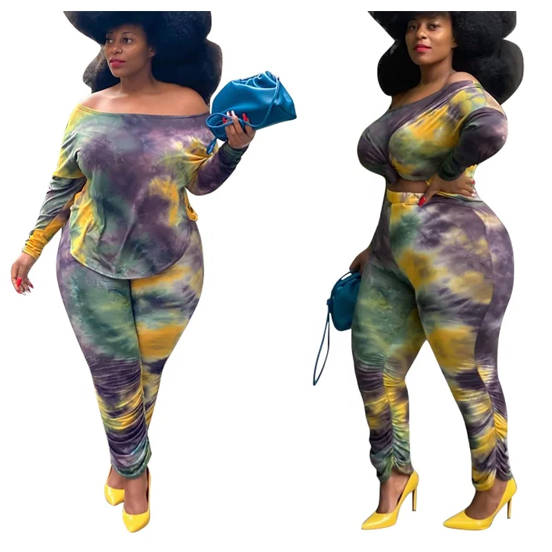 

Off Shoulder Stacked Pants Set Two Piece Plus Size Tie Dye Outfits Set