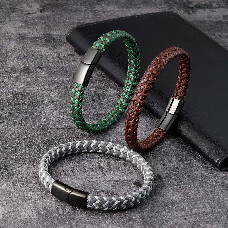 

New Arrival Leather Cuff Bracelet White Green Brown Men Bracelet Leather Vintage Magnetic Clasp Woven Genuine Leather Bracelet, As picture
