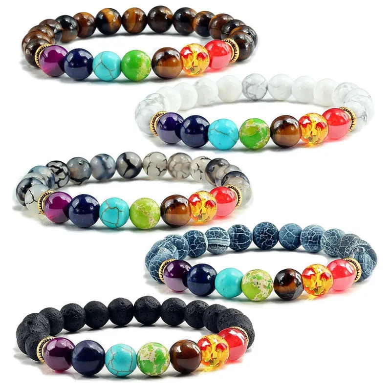 

Colorful Beaded Bracelet Natural Stone Beads Yoga Valconic Healing Energy Lava Stone 7 Chakra Diffuser Bracelet, Picture shows