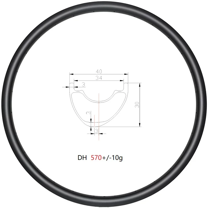 

27.5er MTB DH U type bike wheel 40mm wide hookless asymmetric carbon rim clincher tubeless 30mm deep UD 3K matte glossy 24H -32H