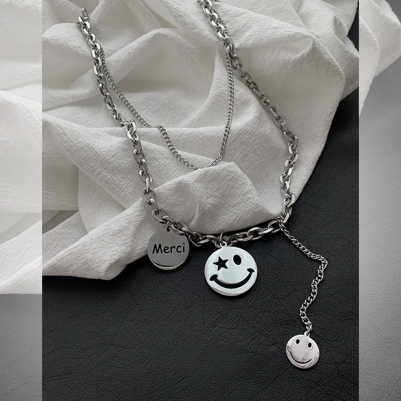 

New multi-layer titanium steel necklace hip-hop style clavicle chain simple smiley face necklace
