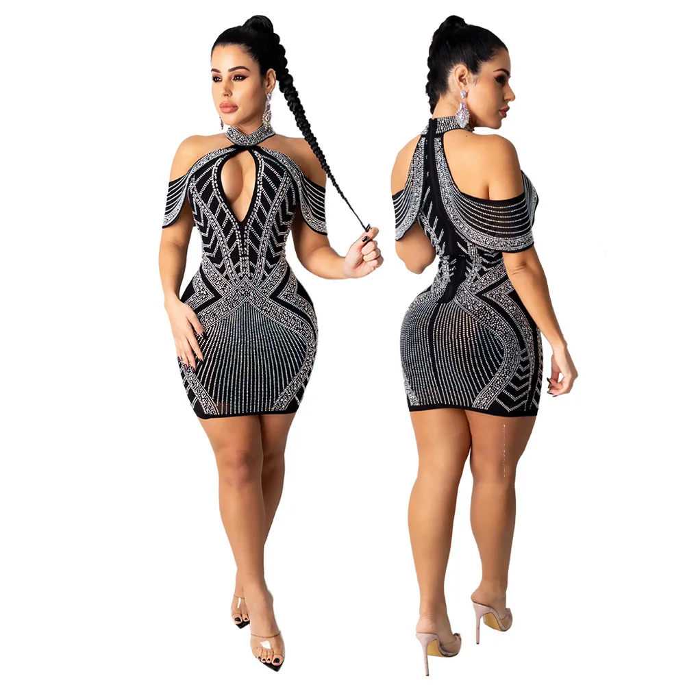 

2021 Summer Sexy Mesh Spring and Summer Hot Sale Rhinestone Bodycon Club Party Lady Elegant Diamond Dress