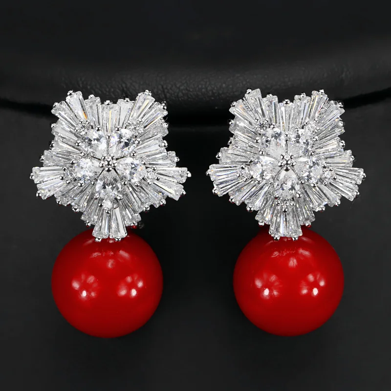 

Snow Flower Design Women Big Drop Pearl Earrings with Cubic Zirconia Christmas Gift