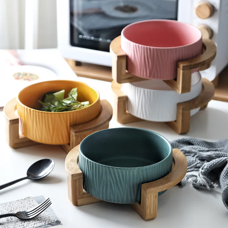 

New Nordic creative matte ceramic fruit salad tableware noodle French sea bowl with wooden frame, Transperant