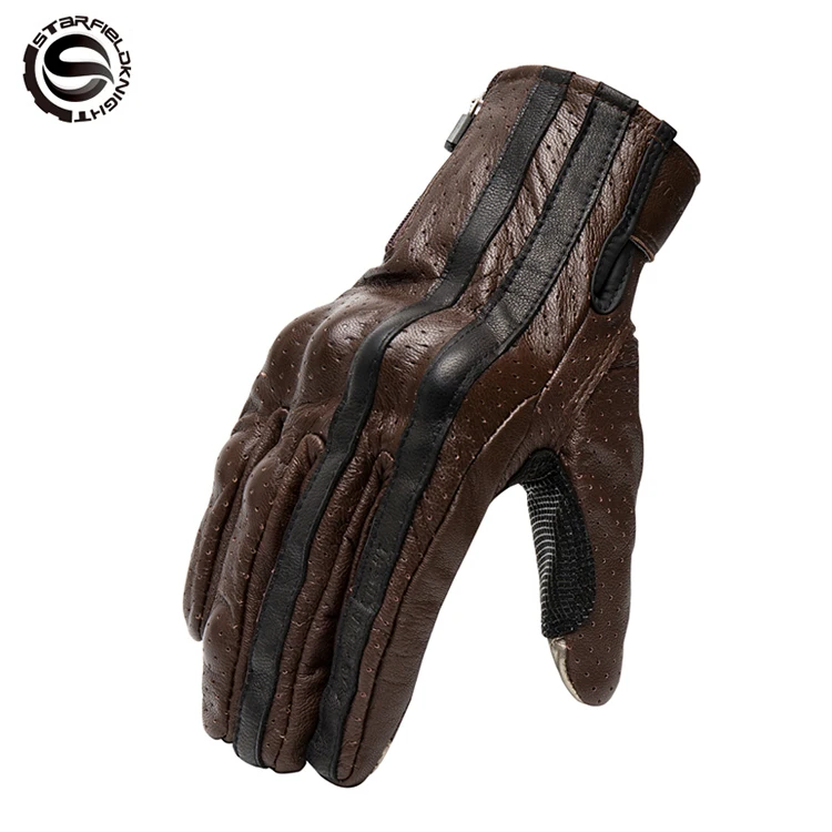 

SFK Brown Black Manufacturer Supplier Sheep Skin Leather Full Finger Touch Screen Motorcycle Racing Cycling Breathable Gloves