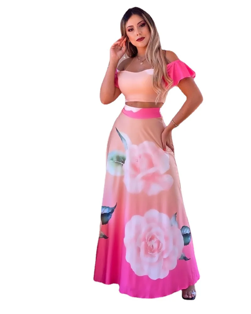 

Wholesale Women Plus Size Two Pieces Set Big Flower neon clothing Pink Flower Printed Crop Tops Skirts Set, Customized color