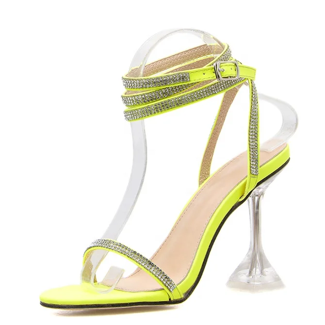 

Crystal Diamonds Women's Sandals High Kitten Heels Ankle Strap Fancy Pumps Transparent Heels Shoes, Black green