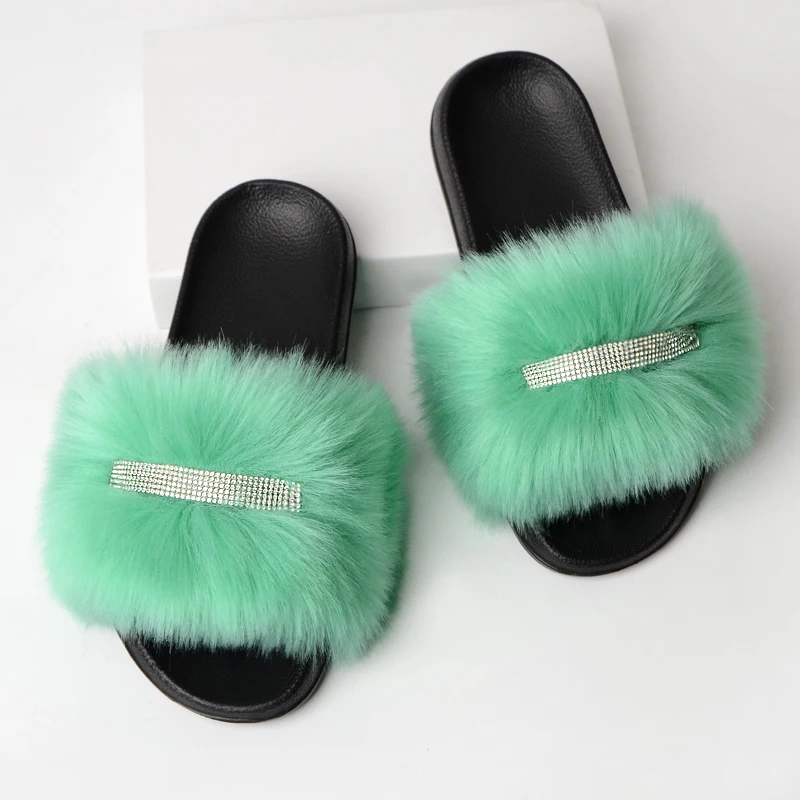 

Cheap Price Faux Designer Slides Rhinestone Slippers Women Fur Slides Slippers, Customized