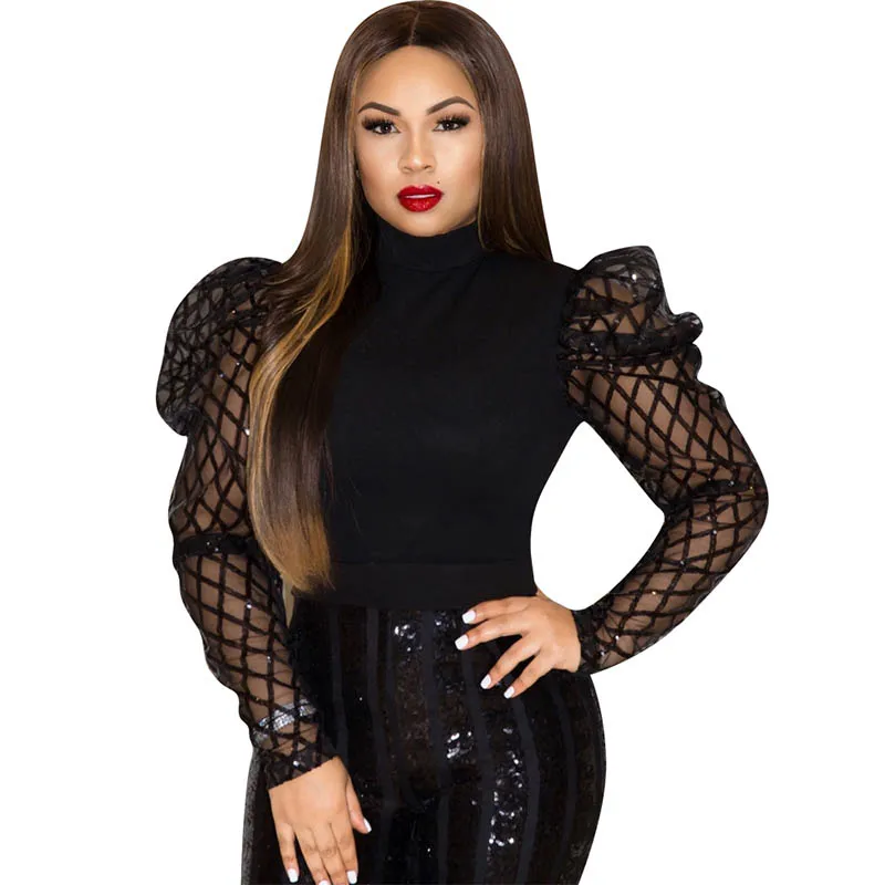 

High Quality Air Layer Sequin Mesh Puff Sleeve Top