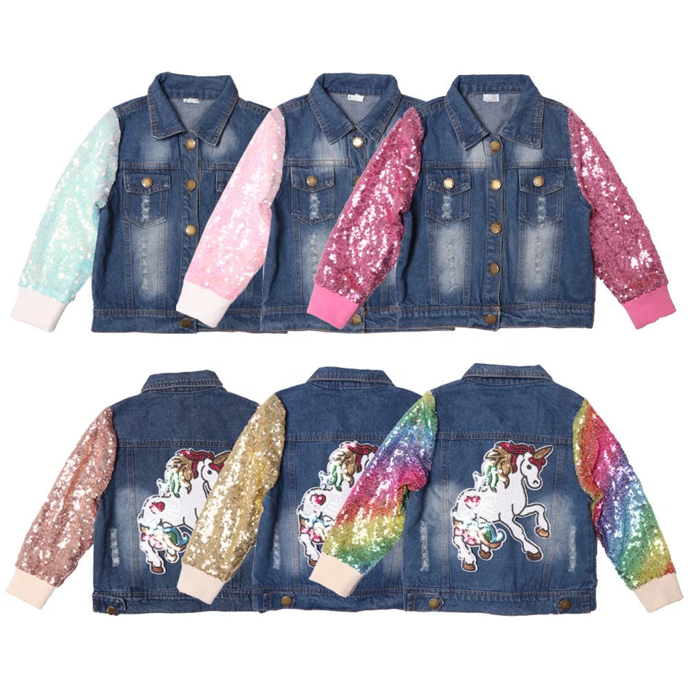 

Unicorn Sequin Jeans Jacket Christmas Girls Clothing Toddler Denim Jacket, Sky blue