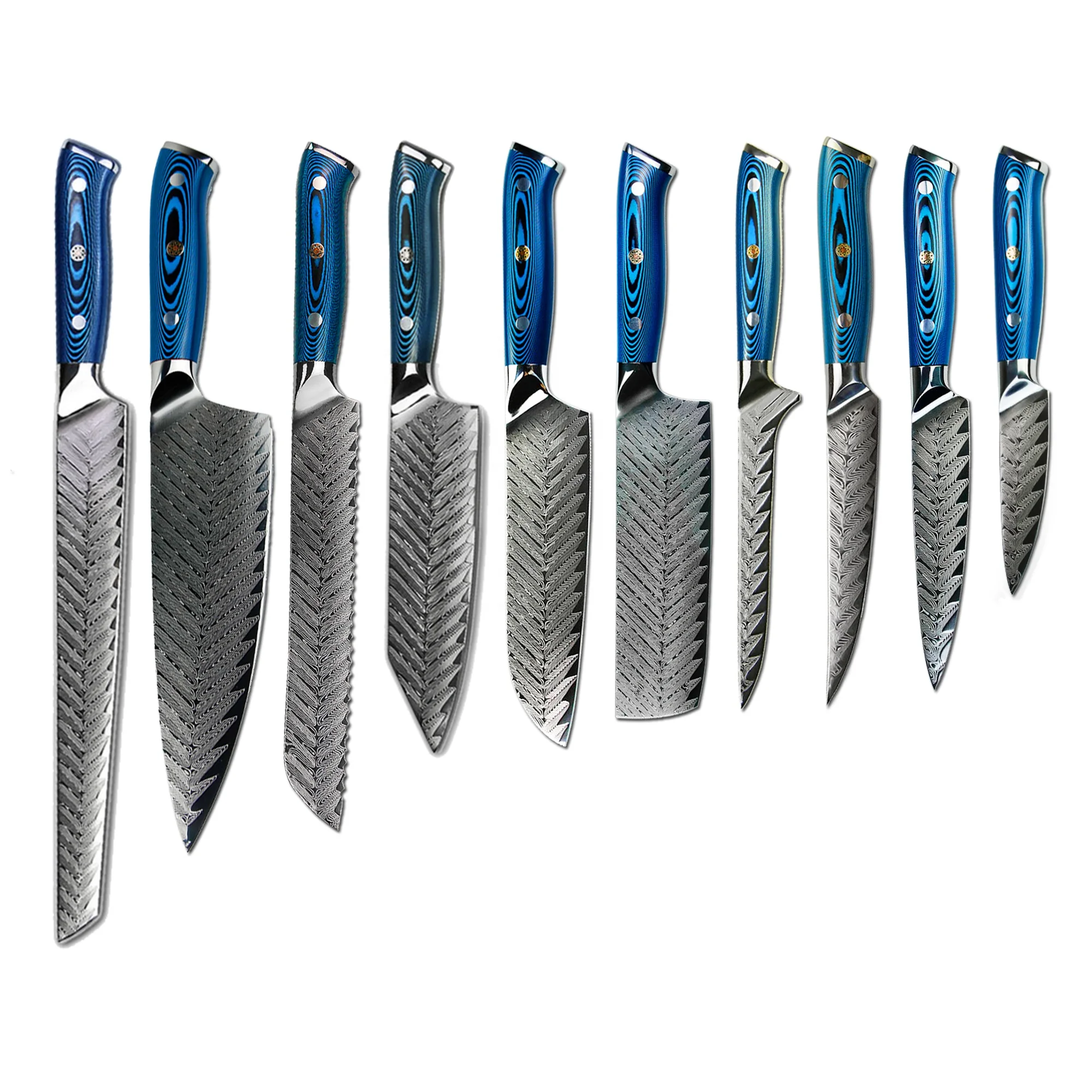 

New arrival Ladder Pattern 73layer AUS10 Damascus blue knife block set kitchen