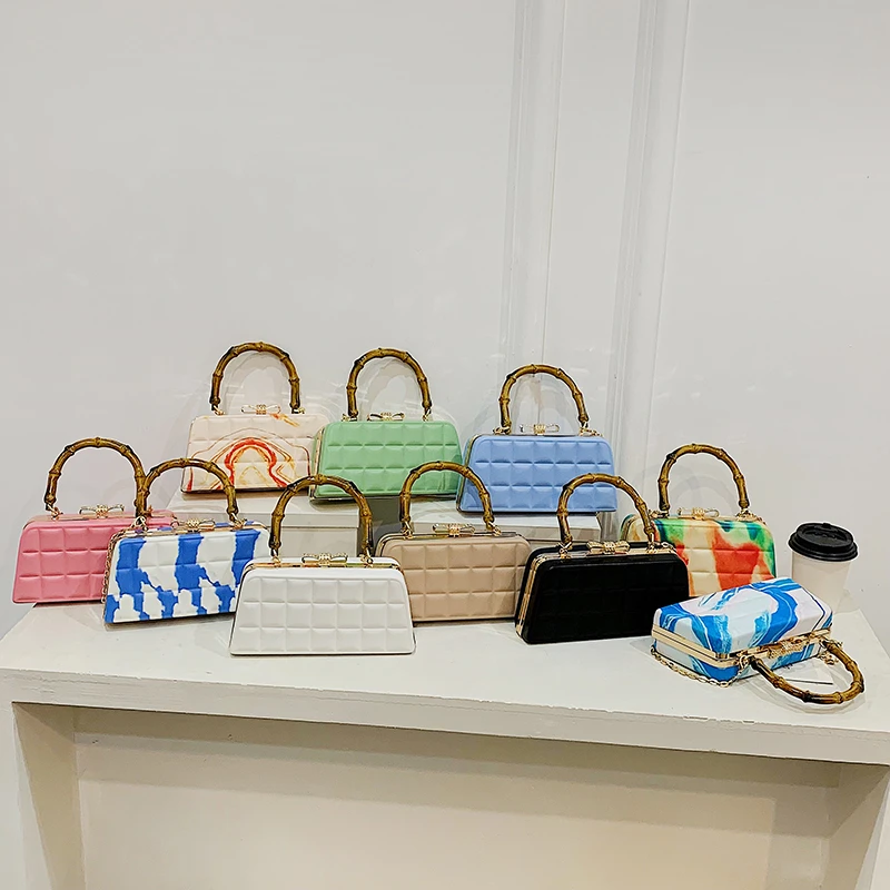

2022 New PVC Ladies Evening Bag Square Bamboo Portable Multicolor Shoulder Bag, White pink red