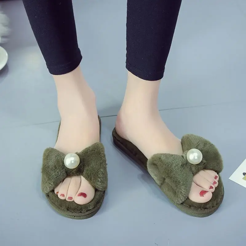 

New Bow Pearl Wholesale Fluffy Slippers For Women Bedroom Winter Slippers, Picture