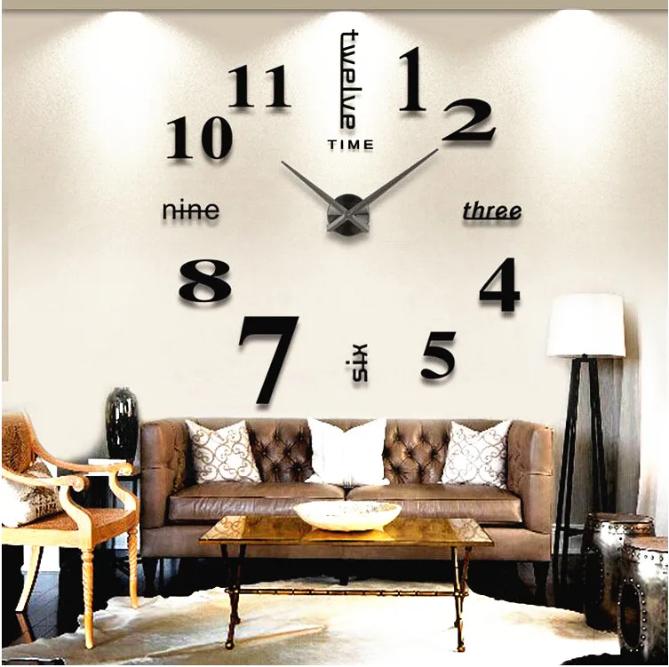

Novelty modern design home decorative sticker 3D frameless large DIY wall clock, Black