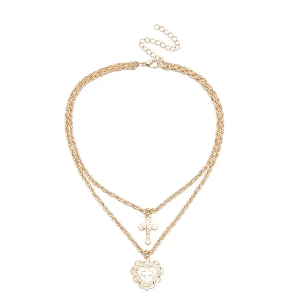 

Simple Heart Cross Pendant Necklace Personalized Double Layer Women's Necklace, Silver/golden