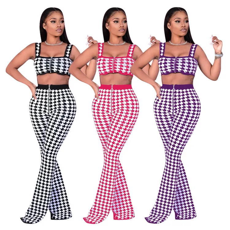 

Sexy Swallow Gird Print Two Piece Set Zipper Cute Crop Top Tank Flare Pants Suit Summer Two Piece Outfits For Women, As picture