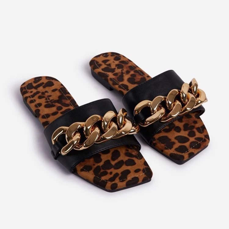 

Chain Detail Leopard Print Sole Lilac Faux Leather Flat Sliders Fashion Sandals