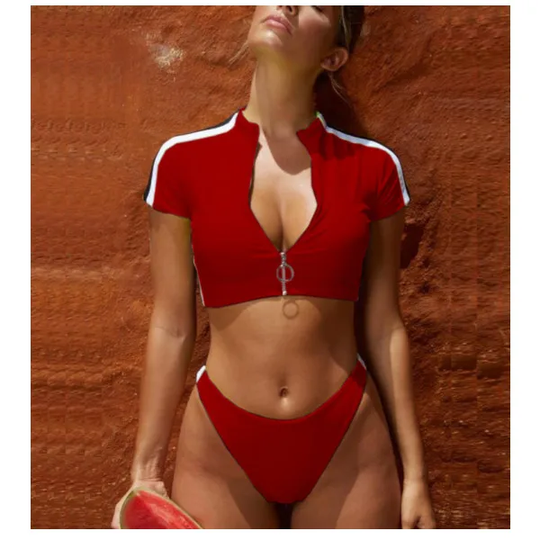

HW 8 High Quality Two Pieces Short Sleeve New Contrasted Color Bikini, Hot Style Sexy Low-Waist Solid Zipper Split Swimsuit