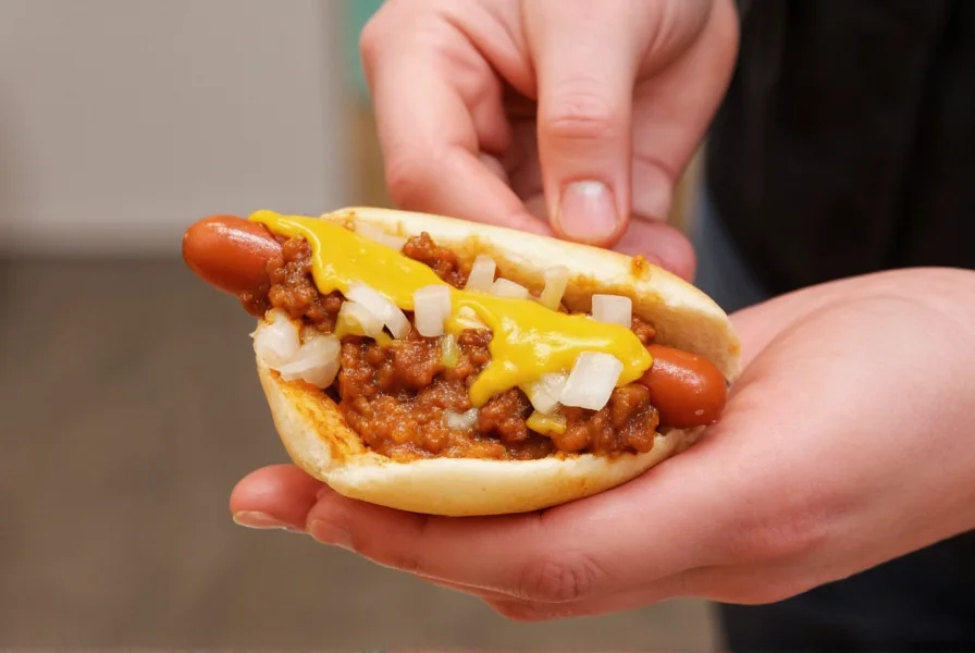 Sonic drive-in employee preparing a chili cheese coney by placing steamed hot dog in bun, adding chili, cheese, and onions