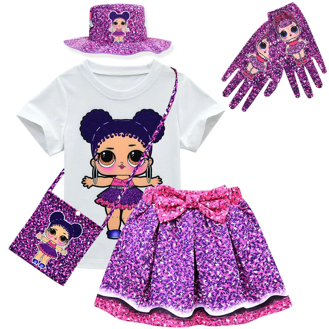 

factory wholesale ins tumblr 100% cotton lol short tshirt with skirt bag 3 pcs per set kids children cheap clothing