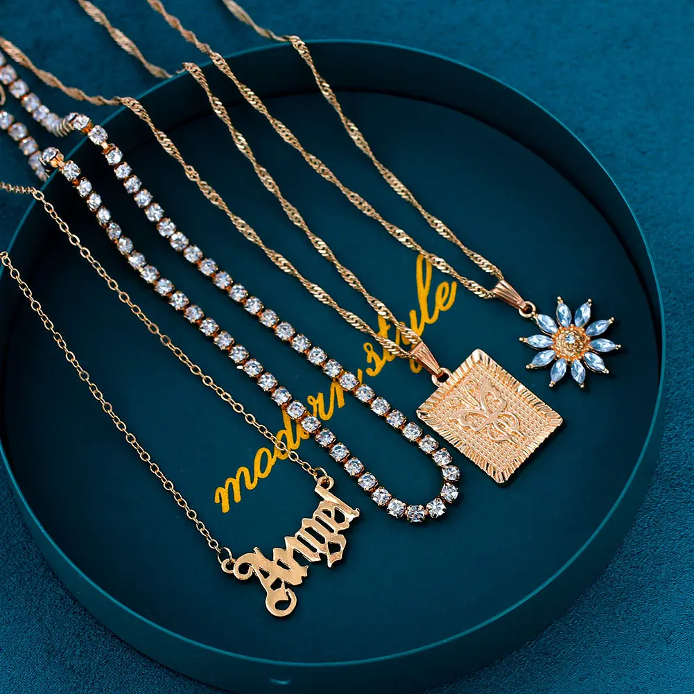 

Fashion Dainty Handmade Women Jewelry Angel Letter Pendant Necklace Crystal Sunflower Multilayer Necklace, Gold