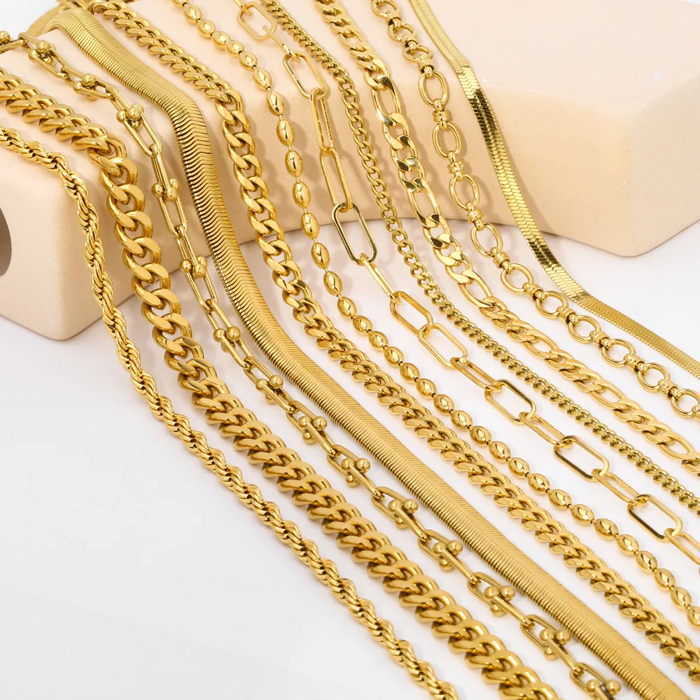 

Fashion 18K Gold Plated Cuban Link Chain Necklace Stainless Steel Flat Herringbone Figaro Chains Necklaces