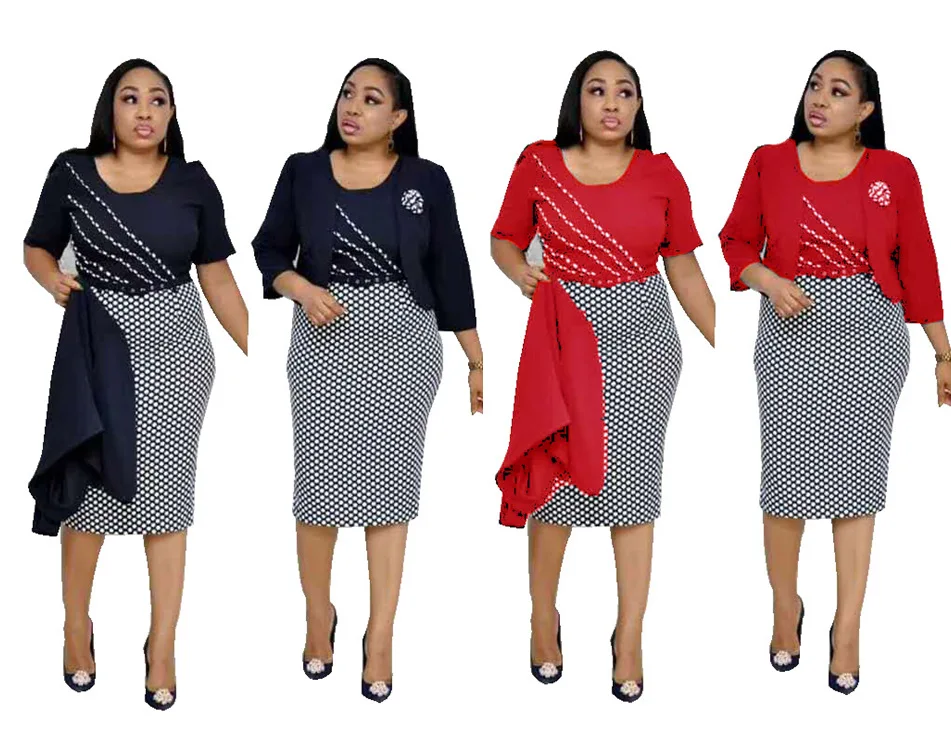 

LA037 new african elegant round neck checked dresses 2 piece set women knee-length dress andsmall jacket clothes, Wine red, navy blue