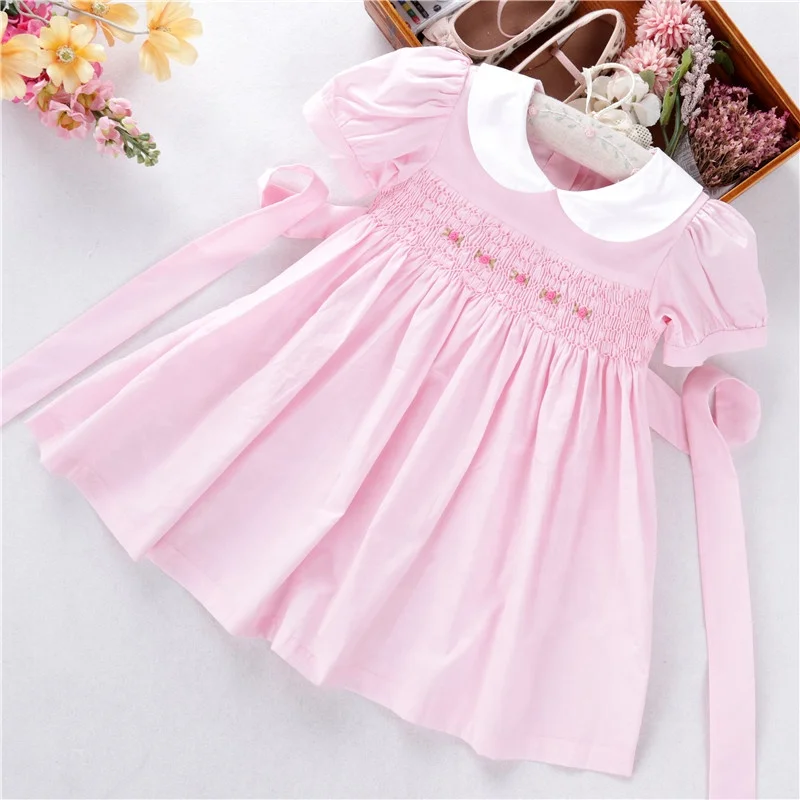 

B062362 PINK girl's dresses summer solid blue plain eacy smocked cotton kids clothing wholesale