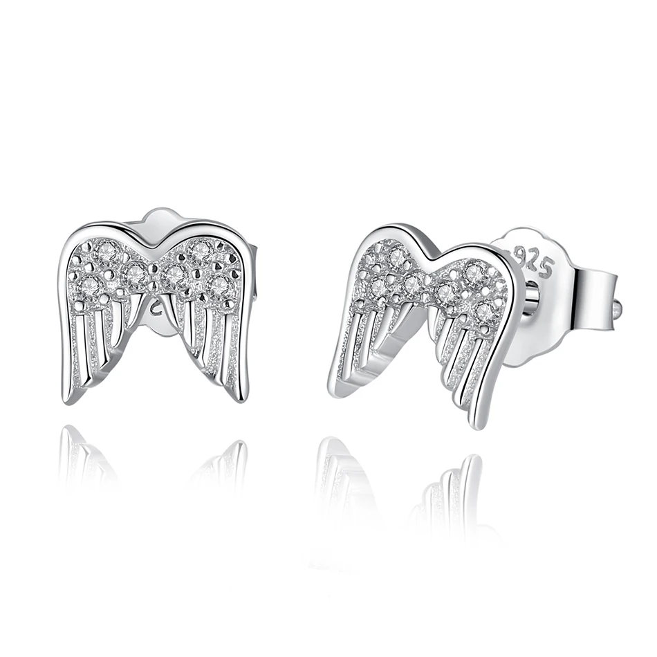 

Women Daily Party Jewelry Authentic 100% 925 Sterling Silver Angle Wings Earrings Clear CZ Flashing Stud Earrings