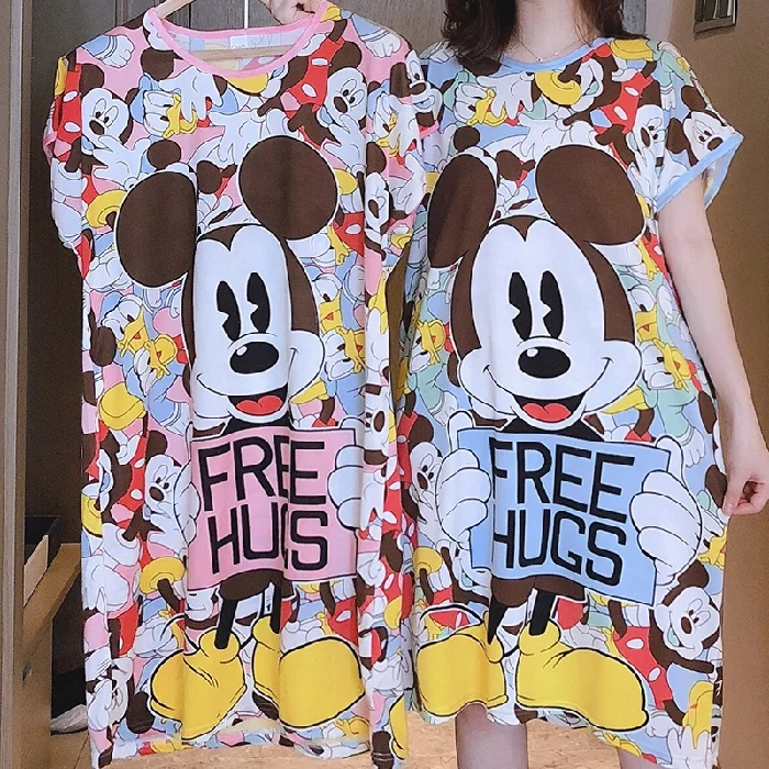 

Summer Cool Fashion Milk Silk Mickey Pajamas Skirts For Women Short Sleeve O-neck Cartoon Printing Oversize Loose Night Dress, As picture show