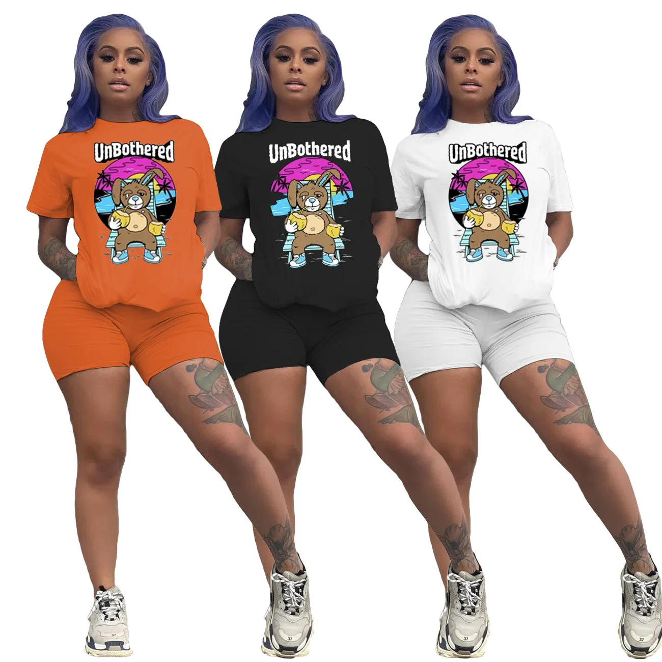 

2021 New Fashion Plus Size Women Sweat Short Sleeve Crop Top Two Piece Set Summer Casual 2 Piece Set Women Biker Shorts, Picture