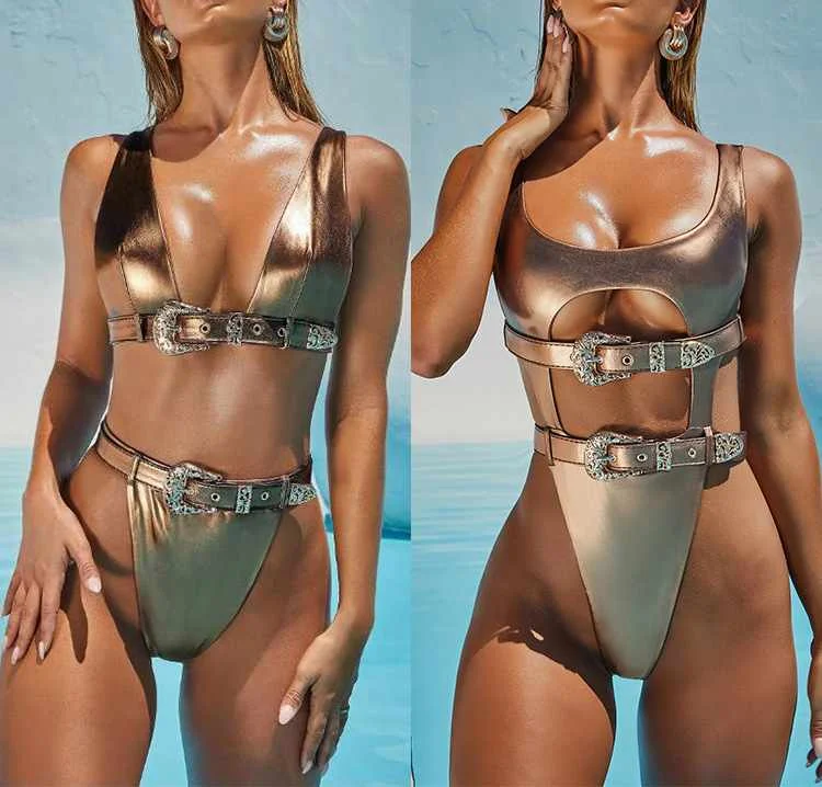 

Factory custom vintage fashion waist belt shiny sexy gold bikini bathing suits for women