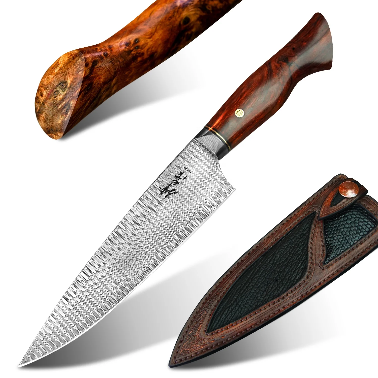 

Handmade 8in Ironwood and Stabilized wood Handle Japanese VG10 Damascus Steel Kitchen Chef Knife with Leather Sheath