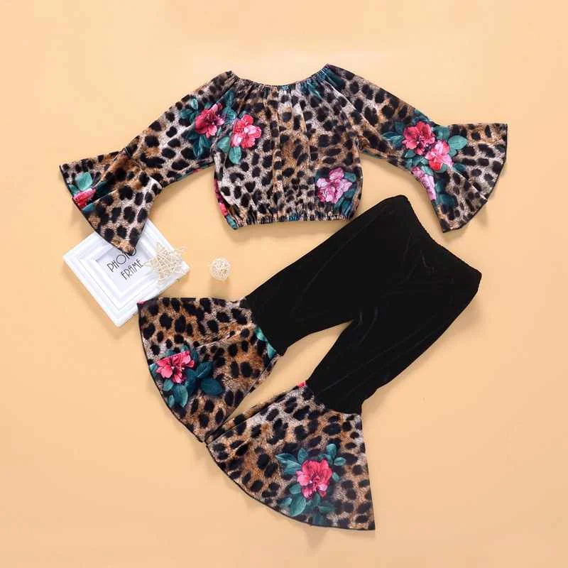 

2pcs Set Toddler Kid Baby Girl Clothes leopard Tops +floral flare pant Outfit Children Set Clothes, As image shown