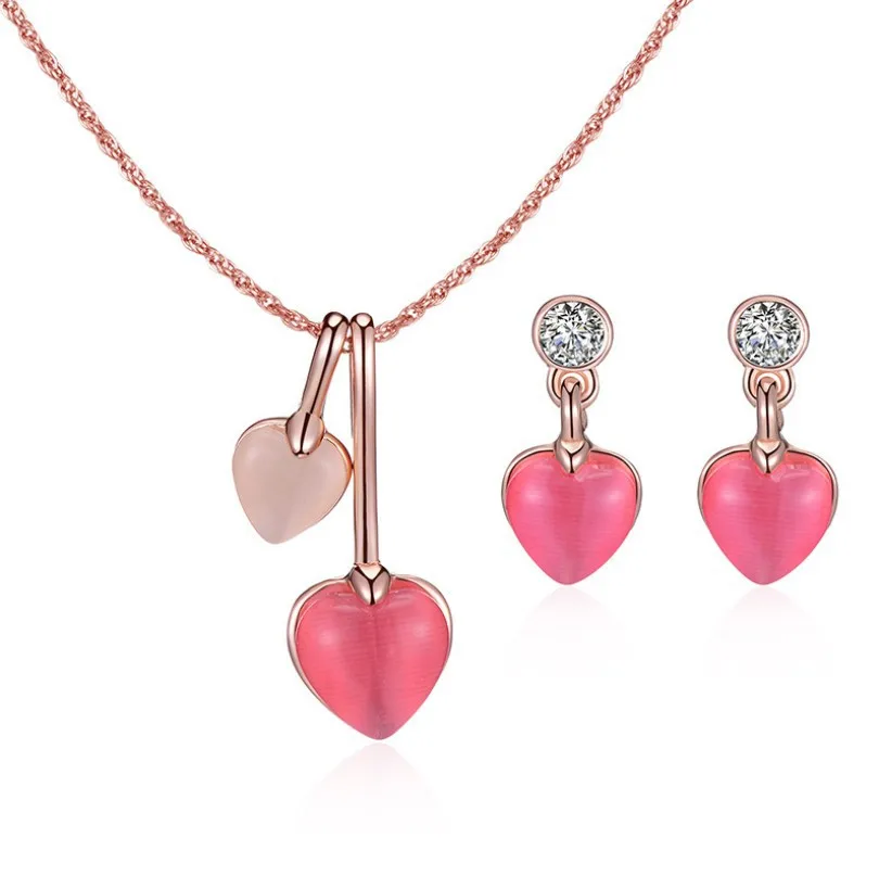 

20085-5 Jewelry Set Heart Jewelry Necklace Red Enamel Heart Shape Pendant Necklace Cheap Rose Earrings And Necklace Jewelry