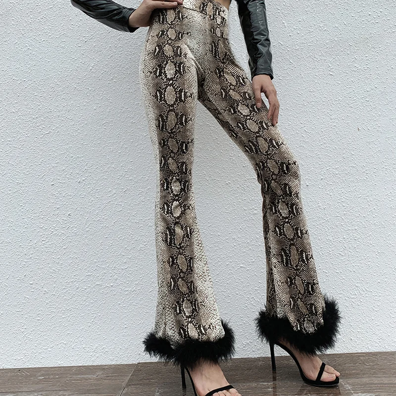 

Classic High Waist Fur Snakeskin Sexy Bell Bottom Pants, Red,black
