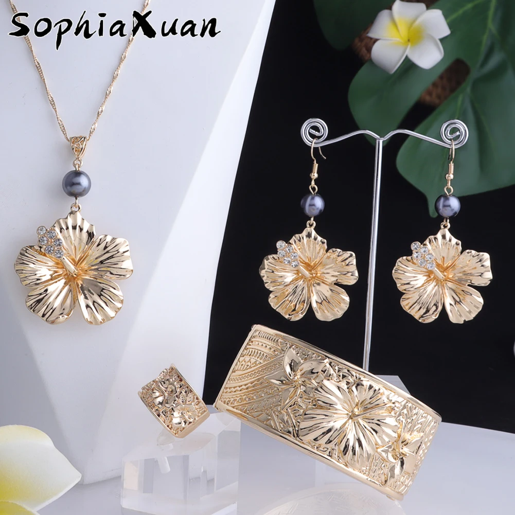 

SophiaXuan Yiwu Junjian Hawaiian Jewelry Sets Polynesian Samoa Pearl Necklaces Earrings Bangles Set Gold Plated Jewelry Set, Picture shows