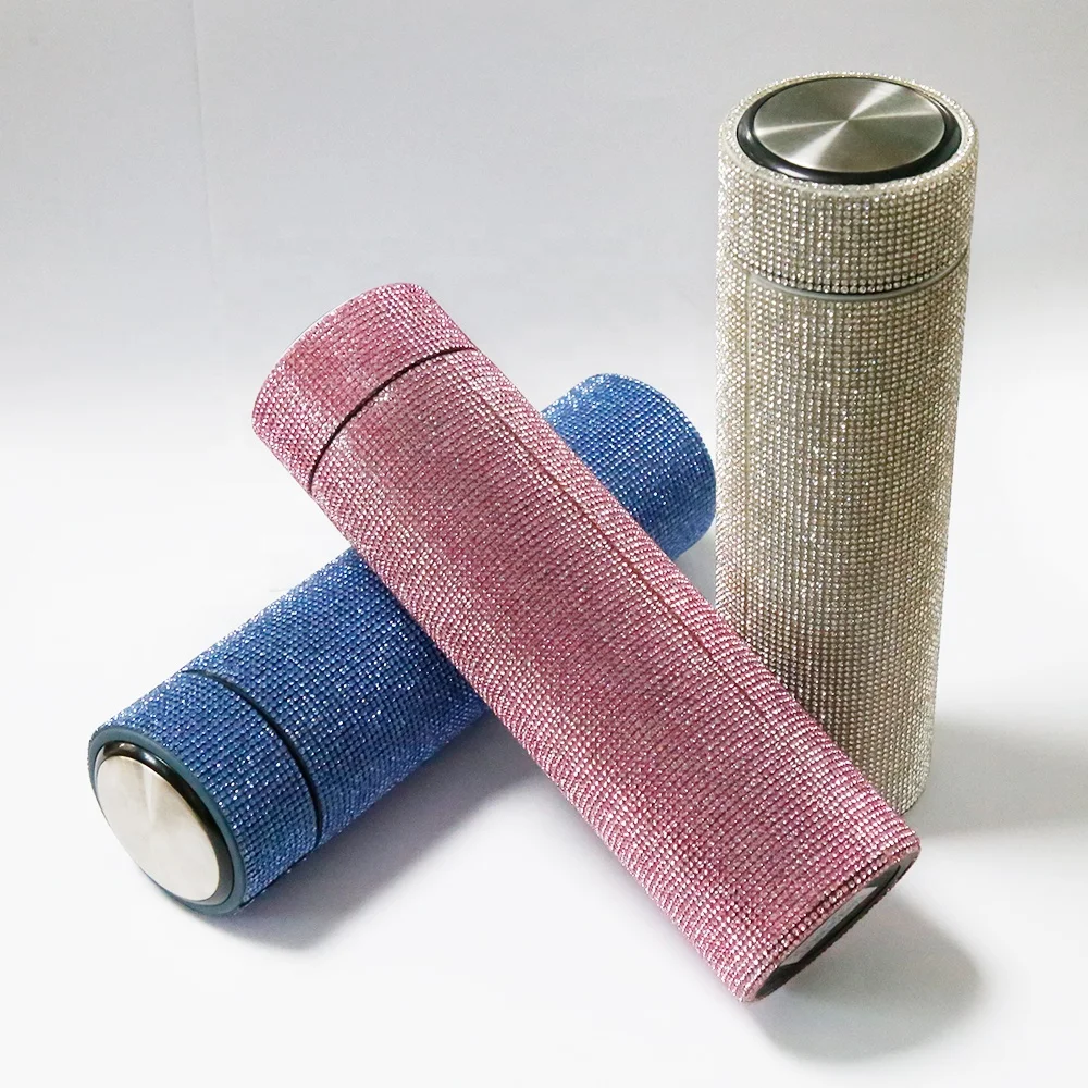 

500ml classic straight stainless steel vacuum luxury insulated led bling tumbler diamond rhinestone water bottle