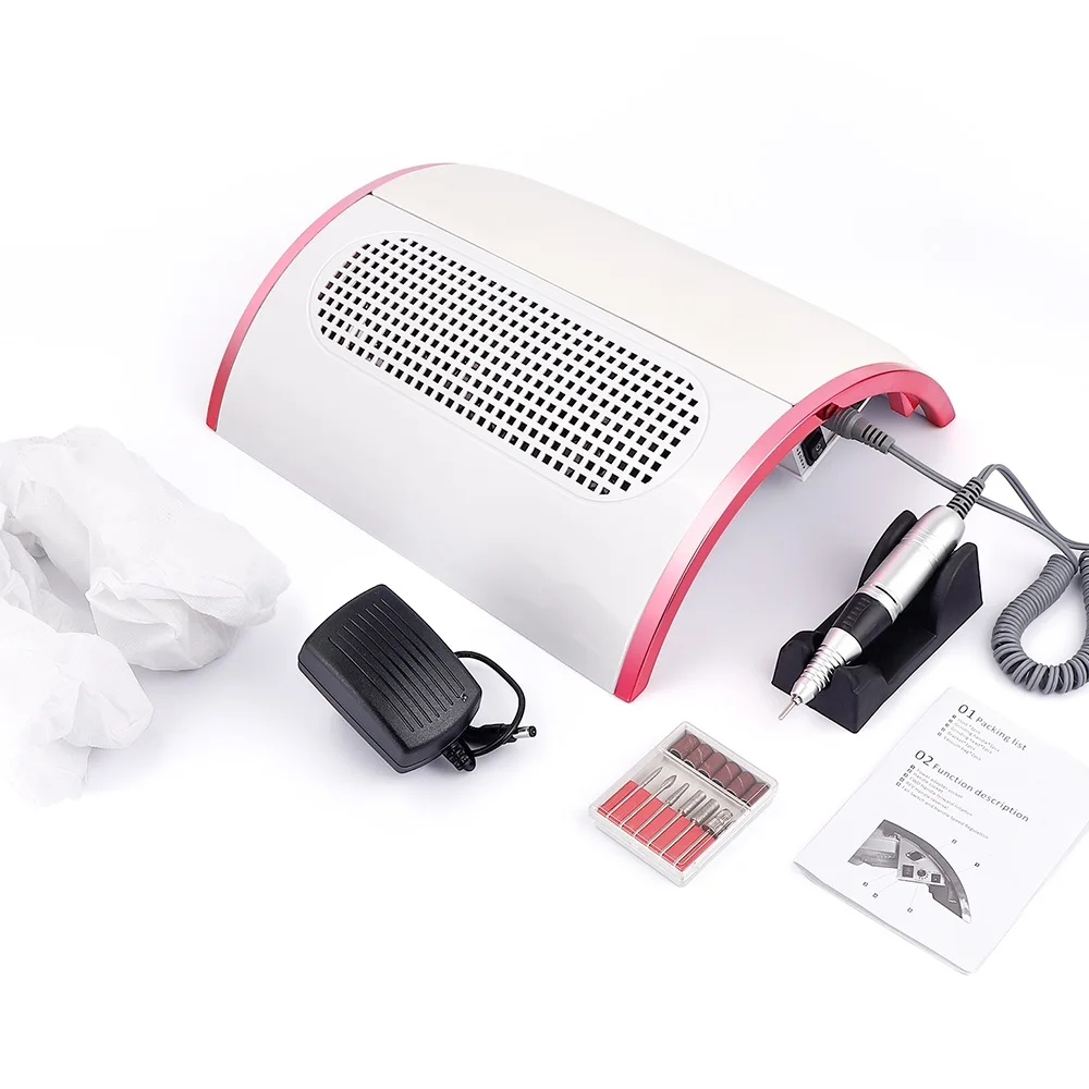 

NAD024 48W 3-IN-1 Nail art Drill Machine with Dust Collector with 3 Powerful Fans Vacuum Suction Cleaner hand rest pillow, White pink