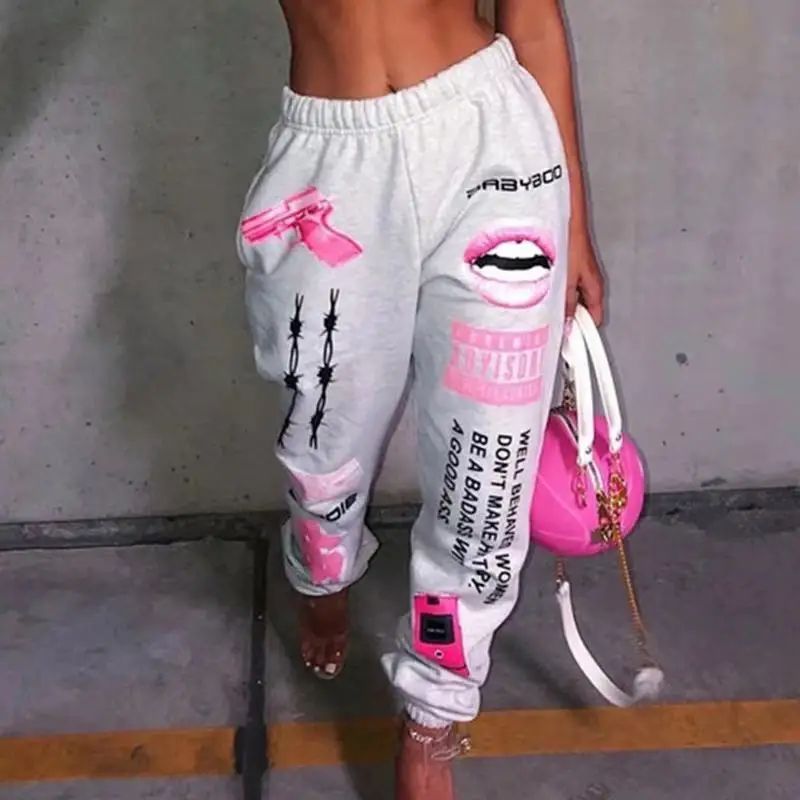 

2022 new arrivals chic design fashion graphic joggers women high waist drawstring long pants with graffiti streetwear, 5 colors as picture