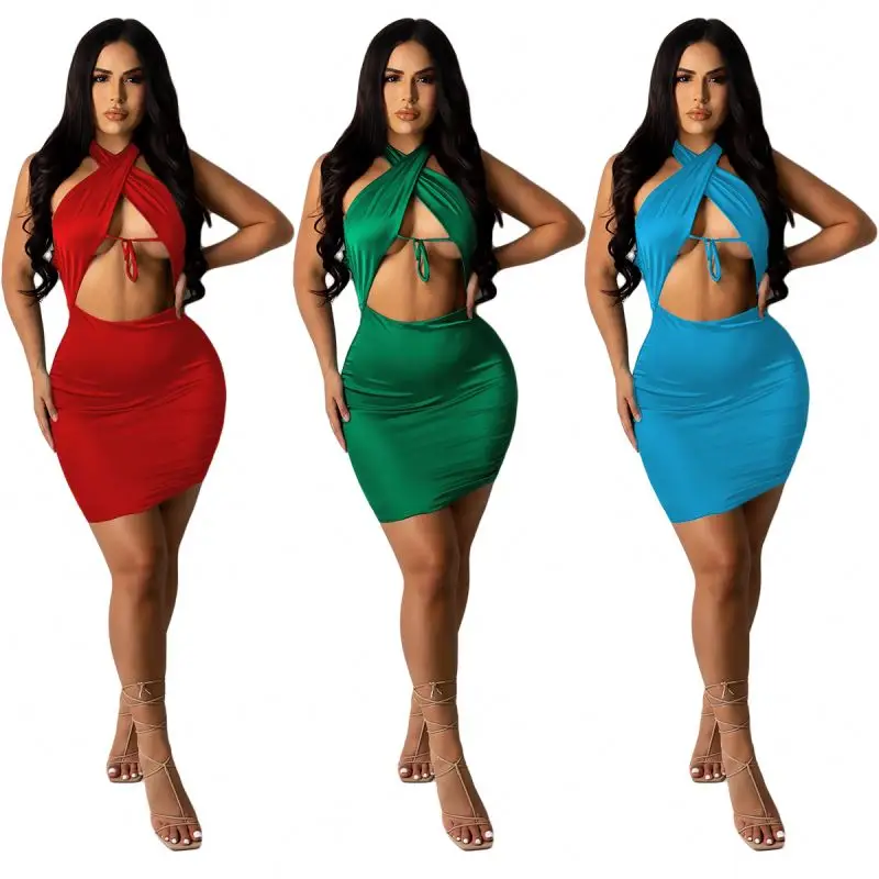 

New arrival summer women's wear sexy halter backless nightclub solid color hollow out dress Casual bluey clothes