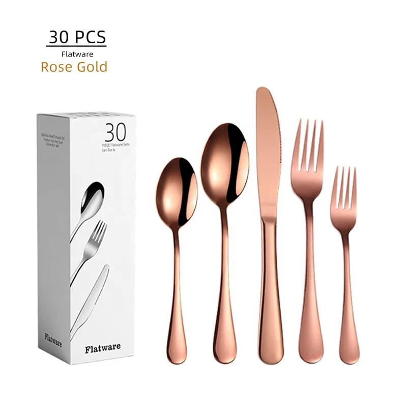 

Reusable Stainless steel rose gold knife fork spoon 30pcs cutlery Set for 6 people, Blacj/gold/rose gold/sliver/rainbow