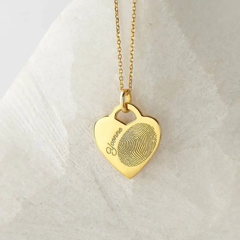 

14k Gold Jewelry Stainless Steel Heart Pendant Necklace Personalized Engraved Actual Fingerprint Name Necklace For Women Men, Silver(steel), gold, rose gold