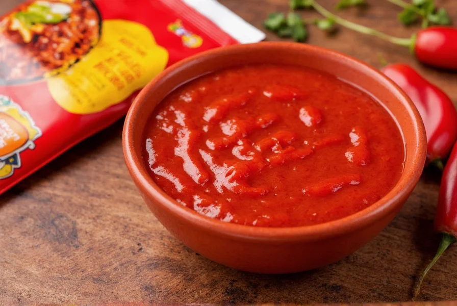Close-up photography of Panda Express sweet chili sauce packet next to open container showing glossy red sauce texture
