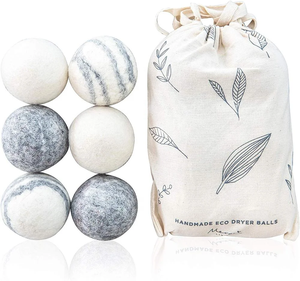 

Wholesale 6 Pack Eco Friendly Laundry Wool Dryer Balls with Cotton Bag, White grey black