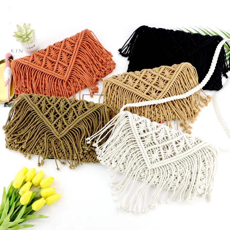 

Wholesale Fashionable Cotton Macame Crossbody Bag with Long Fringe for Girls Women, Multi color