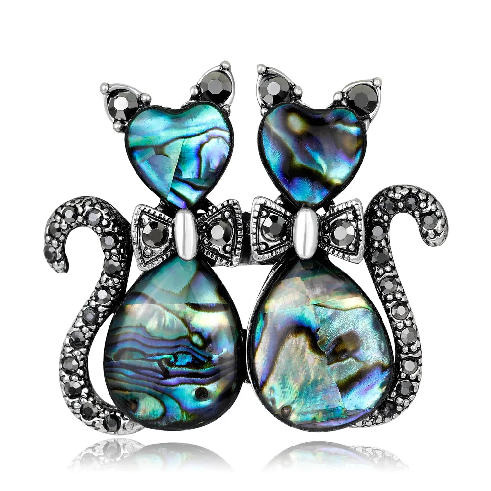 

Fashion Cat Brooch Black Anti-silver Abalone Shell Rhinestones Brooch Pin for women