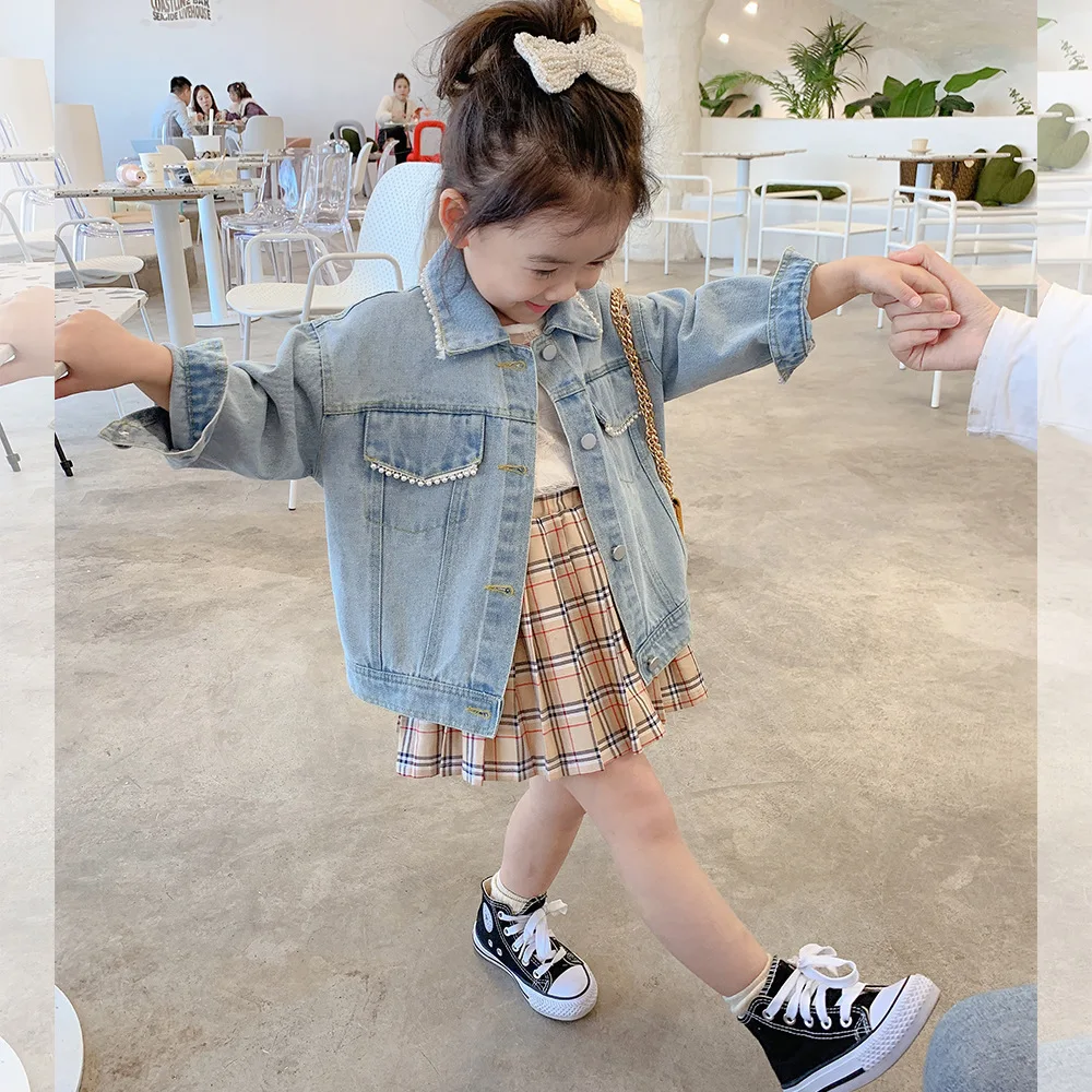 

New Arrival Latest Design Children's Denim Jacket Beading Design Girls Jacket Long Sleeve Retro Girls Denim Jacket, Photo color